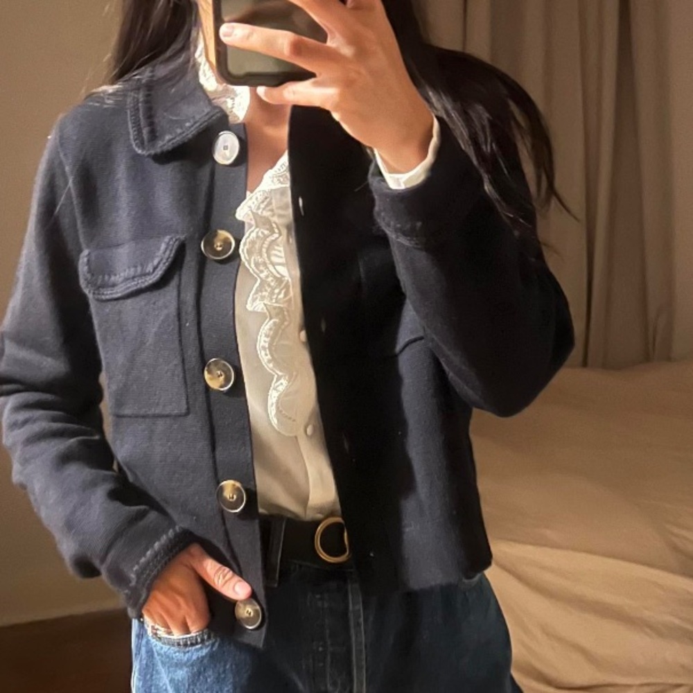 š«š¦Sezane BETTY CARDIGAN in NAVY CROCHET Women's sweater Jacket - Picture 2 of 16